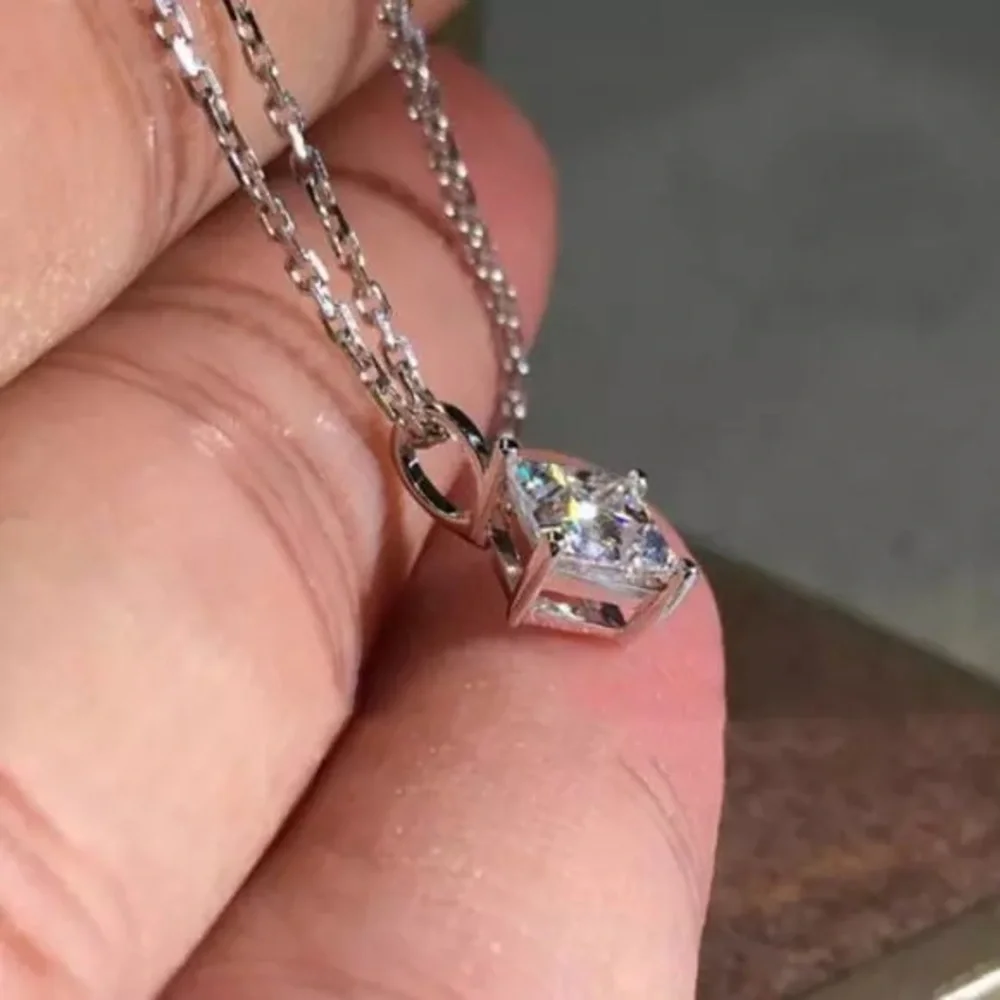 New 925 Silver Beautiful Square Princess Cut Diamond Necklace - Picture 5 of 6